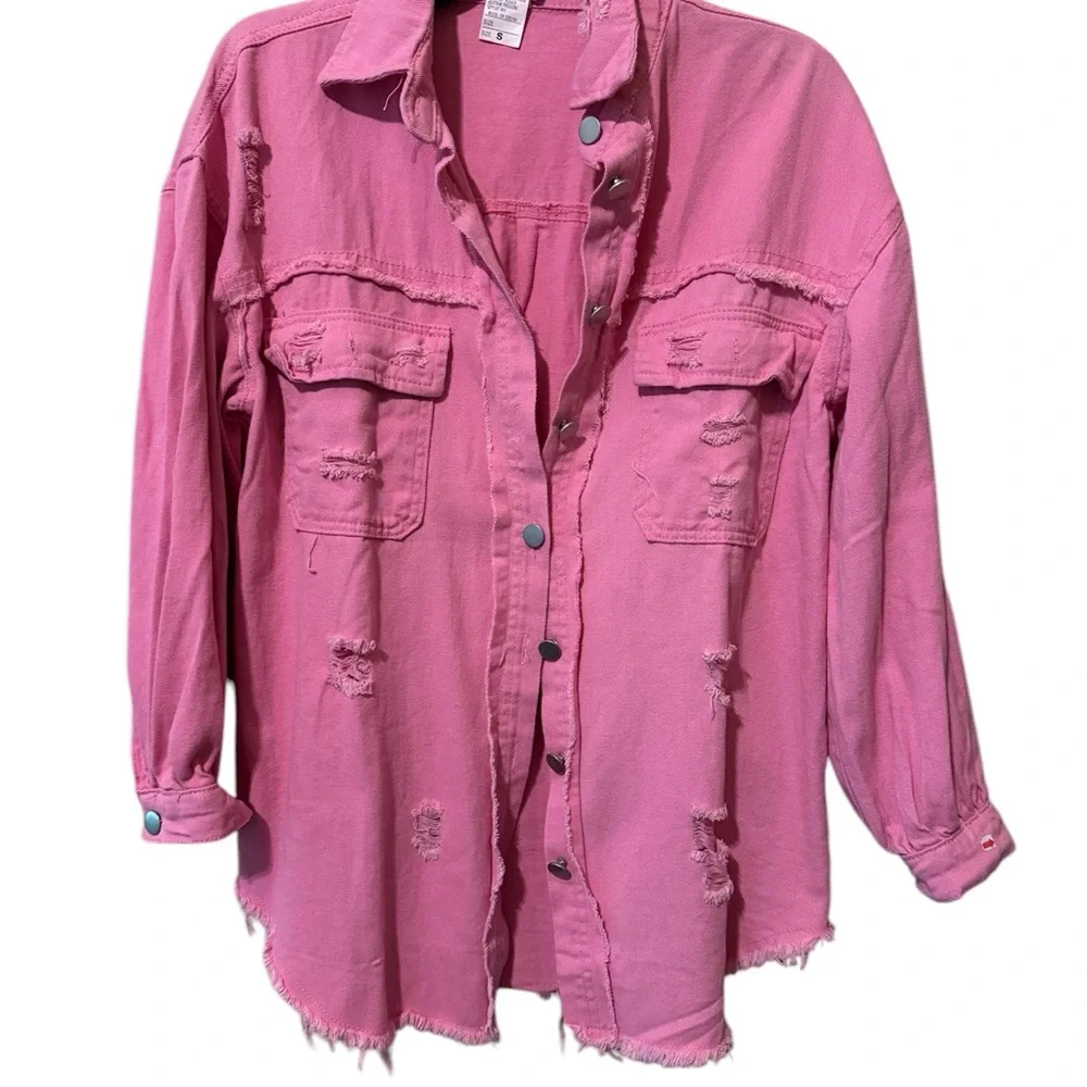Pink Distressed Button-Up Shirt - Picture 1 of 3
